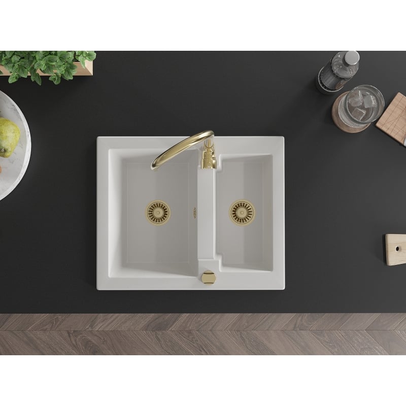 Mexen Carlos granite sink 1.5-bowl with Telma kitchen faucet, white - 6518-20-670200-50