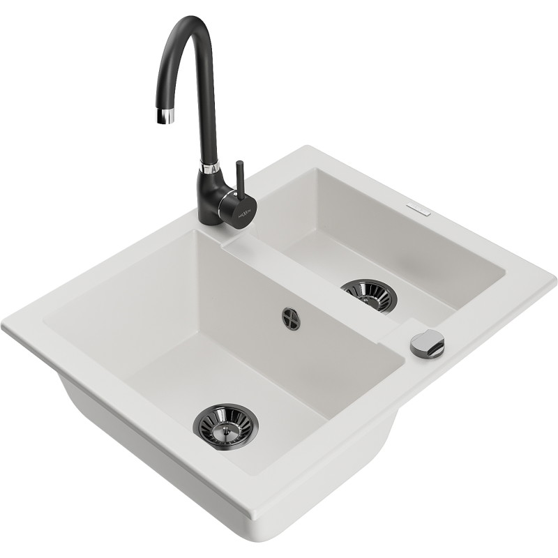 Mexen Carlos 1.5-Bowl Granite Sink with Telma Kitchen Faucet, White - 6518-20-670200-70