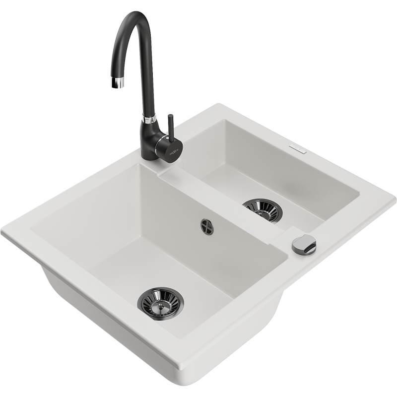 Mexen Carlos granite sink 1.5-bowl with Telma kitchen tap, white - 6518-20-670200-70