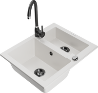 Mexen Carlos granite sink 1.5-bowl with Telma kitchen tap, white - 6518-20-670200-70