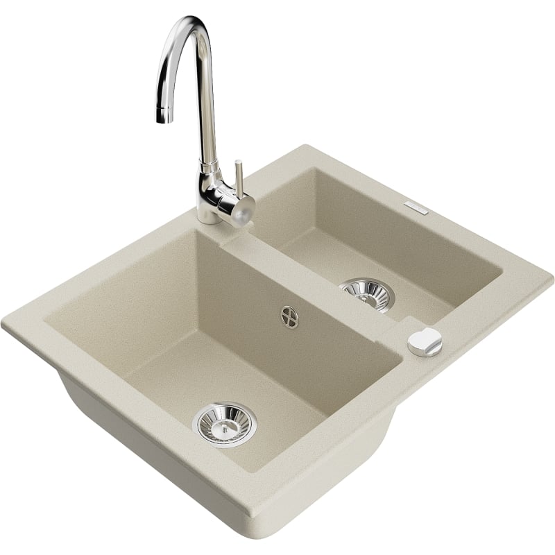 Mexen Carlos granite sink 1.5-bowl with Telma kitchen faucet, beige - 6518-69-670200-00