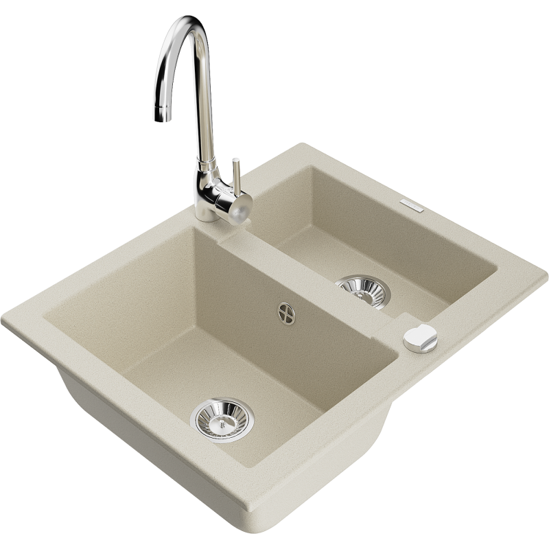 Mexen Carlos Granite Sink 1.5-Bowl with Telma Kitchen Tap, Beige - 6518-69-670200-00