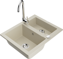 Mexen Carlos granite sink 1.5-bowl with Telma kitchen faucet, beige - 6518-69-670200-00