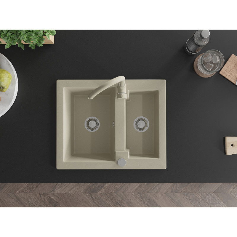Mexen Carlos 1.5-bowl granite sink with Telma kitchen tap, beige - 6518-69-670200-69