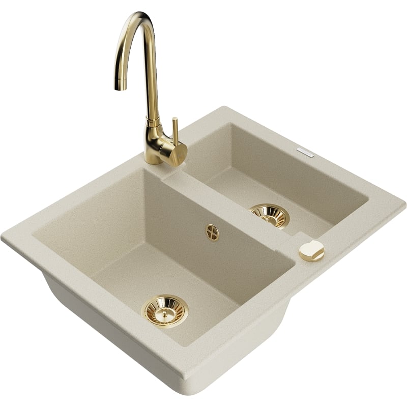 Mexen Carlos 1.5-bowl granite sink with Telma kitchen faucet, beige - 6518-69-670200-50