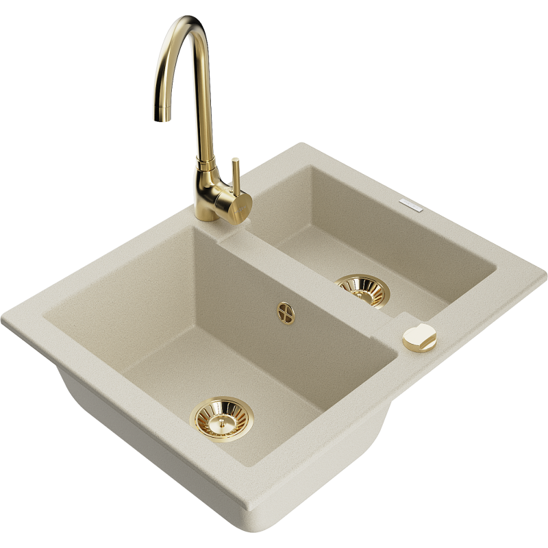 Mexen Carlos granite sink 1.5-bowl with Telma kitchen tap, beige - 6518-69-670200-50