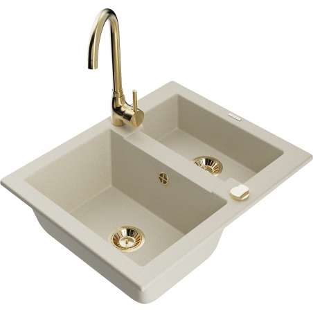 Mexen Carlos 1,5-compartment granite sink with a kitchen mixer tap Telma, Beige - 6518-69-670200-50