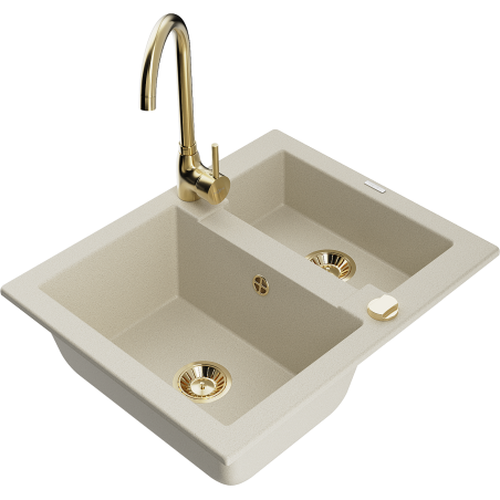 Mexen Carlos granite sink 1.5-bowl with Telma kitchen tap, beige - 6518-69-670200-50