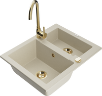Mexen Carlos 1.5-bowl granite sink with Telma kitchen faucet, beige - 6518-69-670200-50