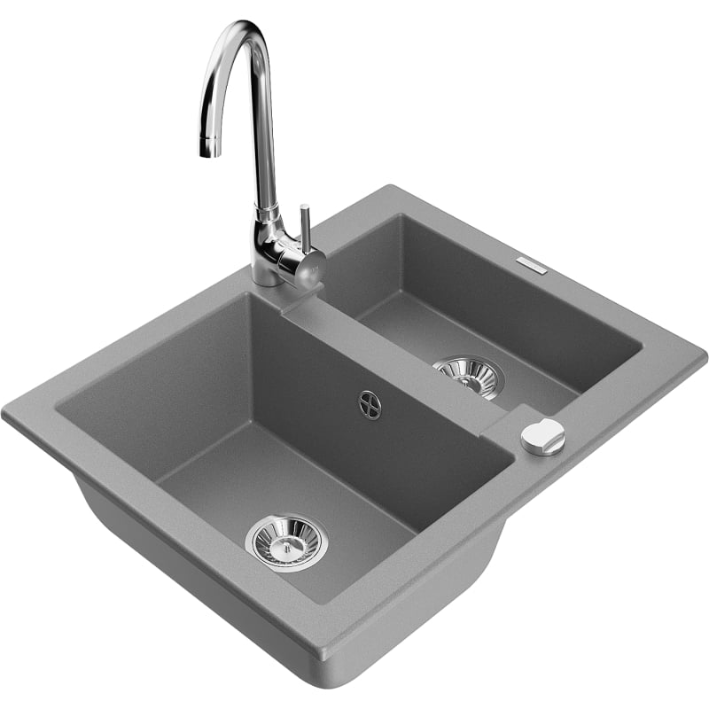 Mexen Carlos granite sink 1.5-bowl with Telma kitchen faucet, gray - 6518-71-670200-00