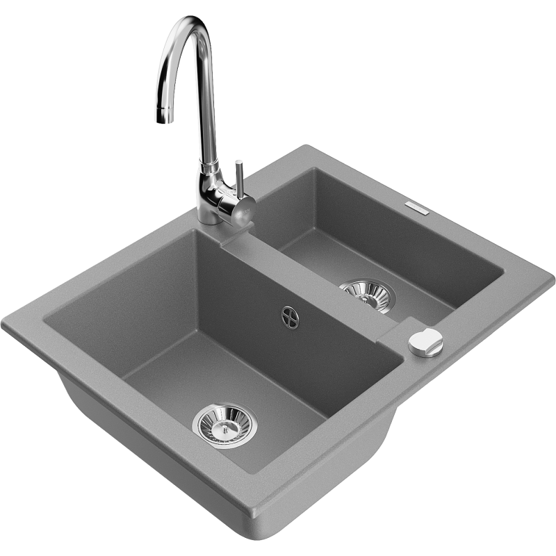Mexen Carlos granite sink 1.5-bowl with Telma kitchen tap, grey - 6518-71-670200-00