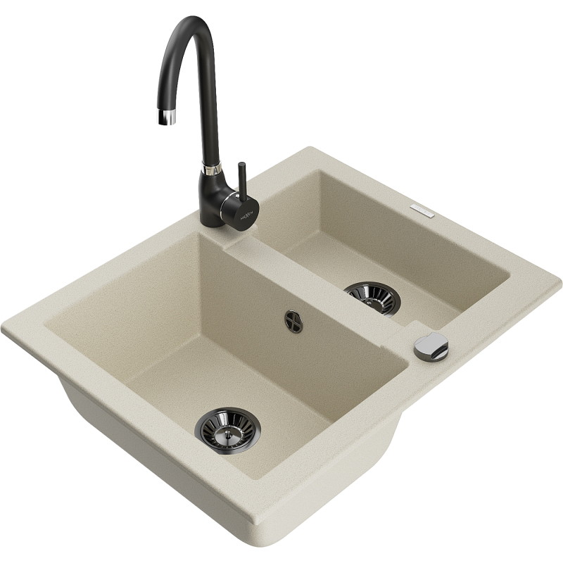 Mexen Carlos 1.5-bowl granite sink with Telma kitchen faucet, beige - 6518-69-670200-70