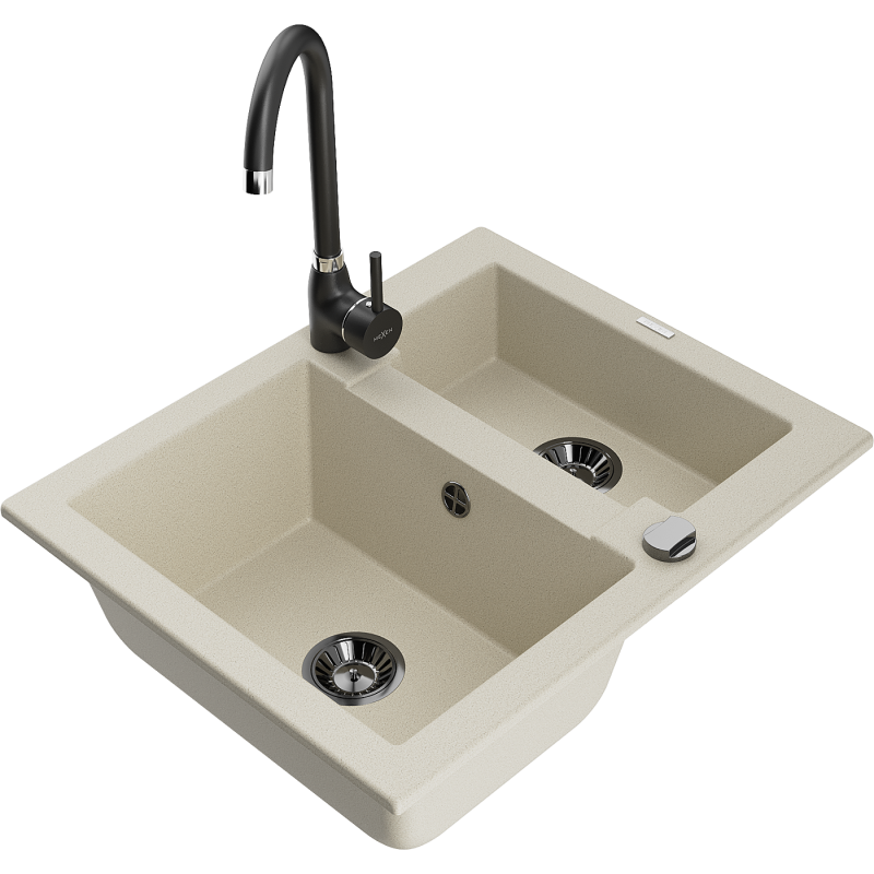 Mexen Carlos 1,5-compartment granite sink with a kitchen mixer tap Telma, Beige - 6518-69-670200-70