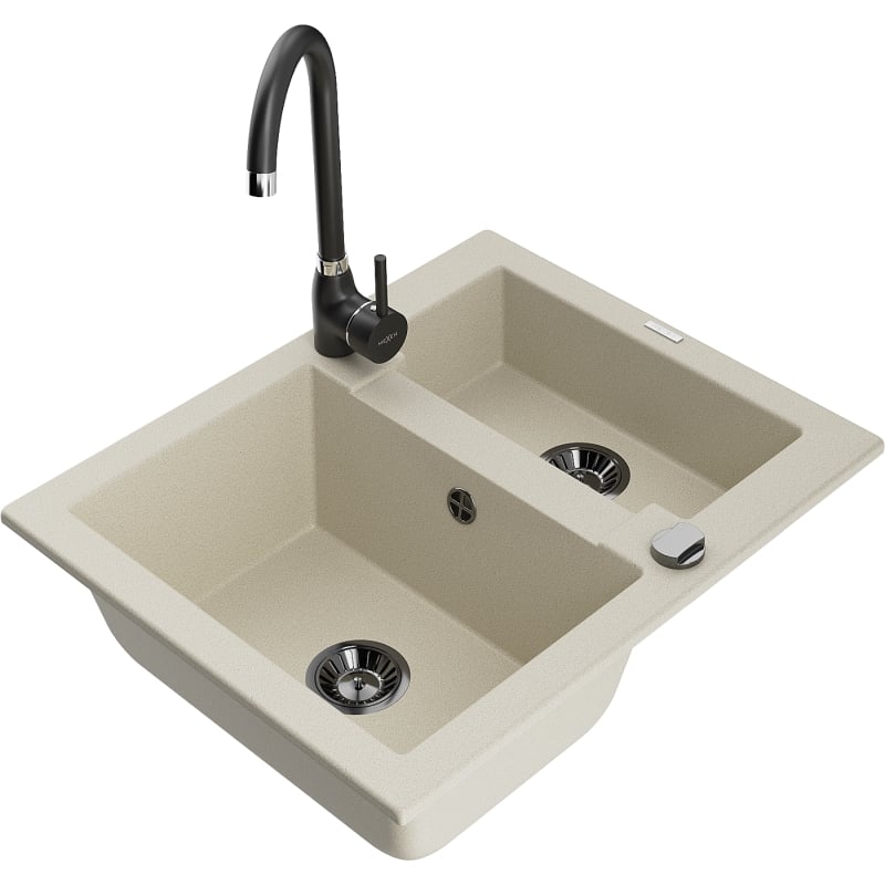 Mexen Carlos granite sink 1.5-bowl with Telma kitchen faucet, beige - 6518-69-670200-70