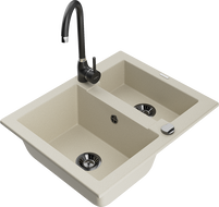 Mexen Carlos granite sink 1.5-bowl with Telma kitchen faucet, beige - 6518-69-670200-70