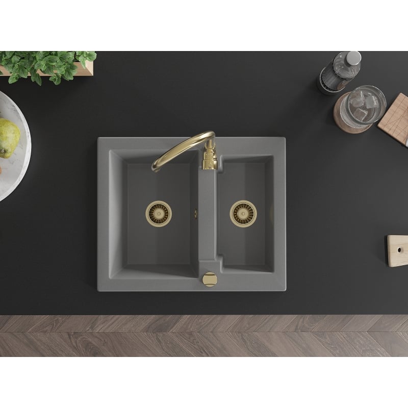 Mexen Carlos granit kitchen sink 1.5-bowl with Telma faucet, gray - 6518-71-670200-50