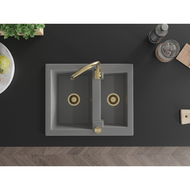 Mexen Carlos granit sink 1.5-bowl with Telma kitchen faucet, gray - 6518-71-670200-50