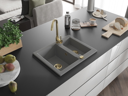 Mexen Carlos granite sink 1.5-bowl with Telma kitchen tap, grey - 6518-71-670200-50