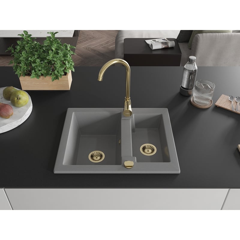 Mexen Carlos granit kitchen sink 1.5-bowl with Telma faucet, gray - 6518-71-670200-50