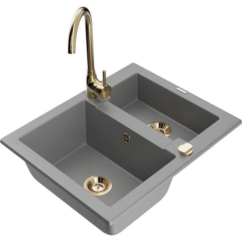Mexen Carlos granit sink 1.5-bowl with Telma kitchen faucet, gray - 6518-71-670200-50