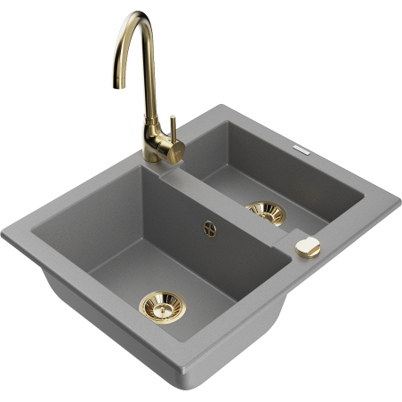 Mexen Carlos granit kitchen sink 1.5-bowl with Telma faucet, gray - 6518-71-670200-50