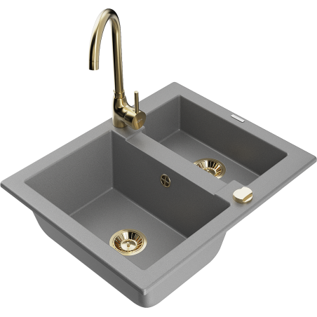 Mexen Carlos granit sink 1.5-bowl with Telma kitchen faucet, gray - 6518-71-670200-50