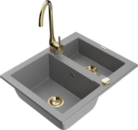 Mexen Carlos granit sink 1.5-bowl with Telma kitchen faucet, gray - 6518-71-670200-50