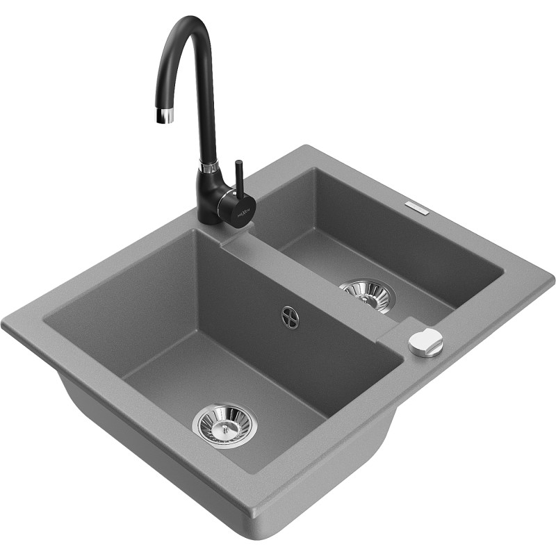 Mexen Carlos granite kitchen sink 1.5-bowl with Telma kitchen faucet, gray - 6518-71-670200-70