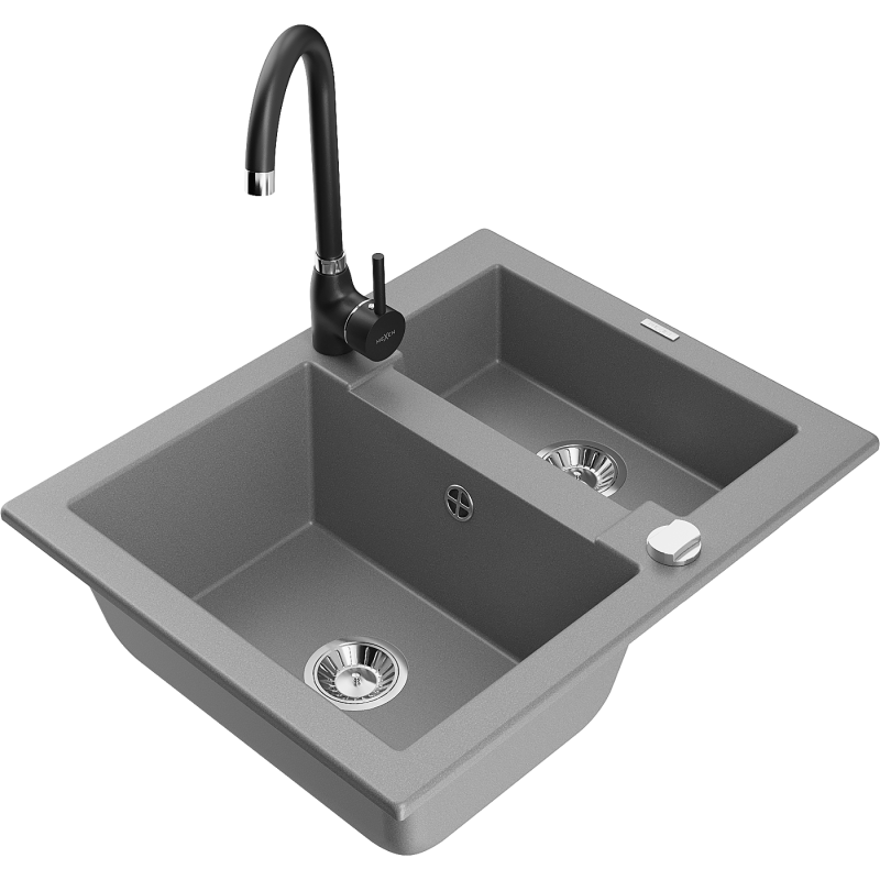 Mexen Carlos granite sink 1.5-bowl with Telma kitchen tap, grey - 6518-71-670200-70