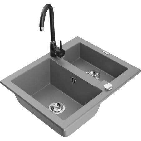 Mexen Carlos granite kitchen sink 1.5-bowl with Telma kitchen faucet, gray - 6518-71-670200-70