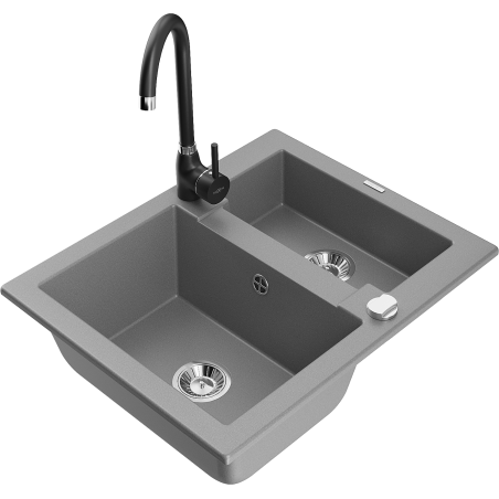 Mexen Carlos granite sink 1.5-bowl with Telma kitchen tap, grey - 6518-71-670200-70