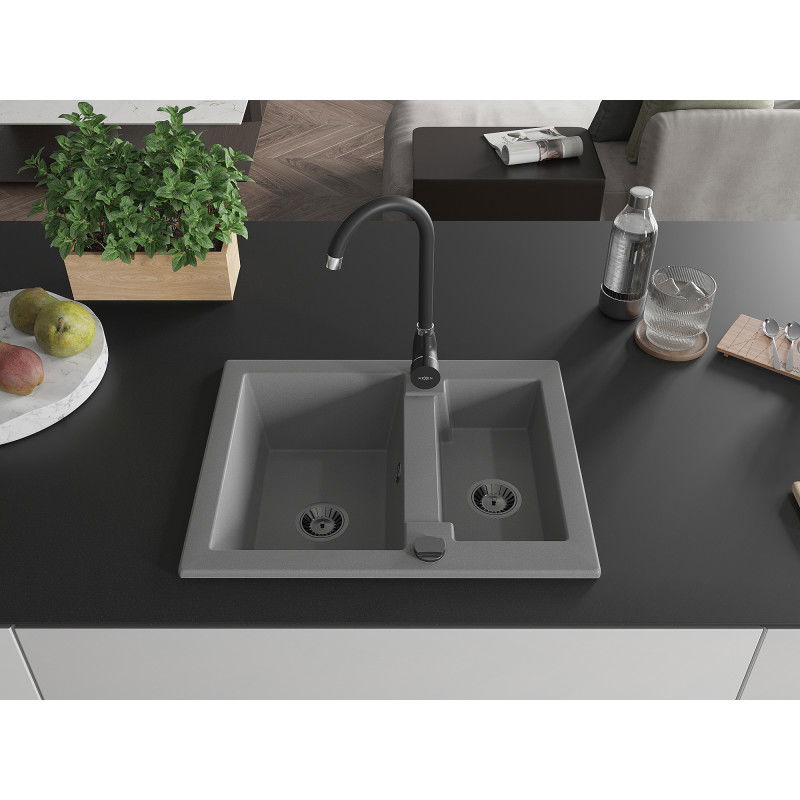 Mexen Carlos 1.5-bowl granite sink with Telma kitchen tap, grey - 6518-71-670200-70-B