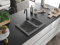 Mexen Carlos 1.5-bowl granite sink with Telma kitchen tap, grey - 6518-71-670200-70-B