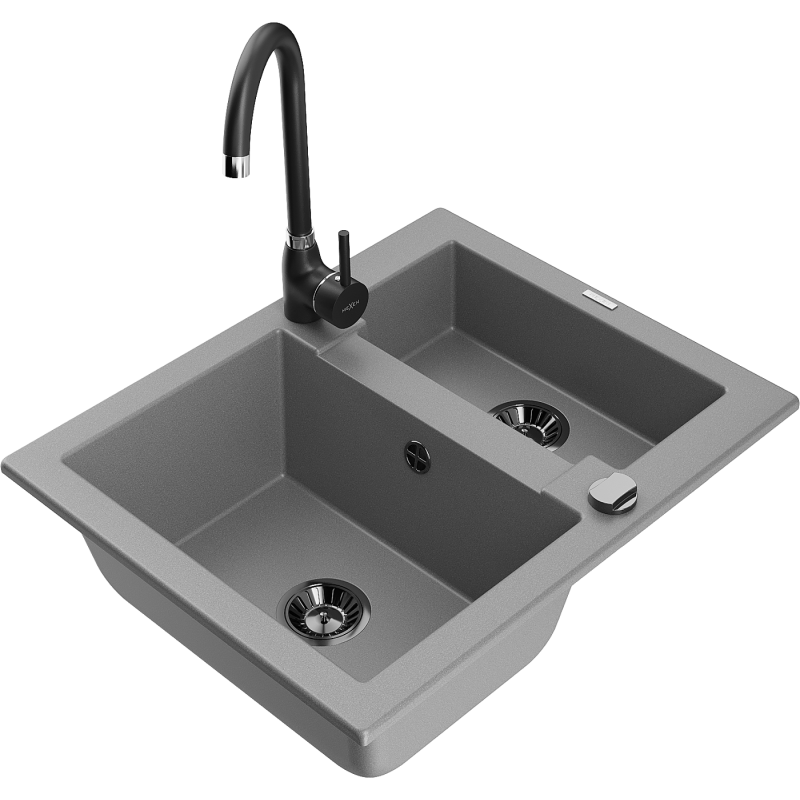 Mexen Carlos 1.5-bowl granite sink with Telma kitchen tap, grey - 6518-71-670200-70-B