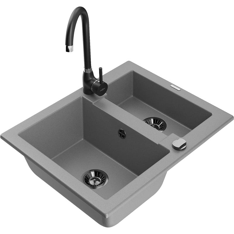 Mexen Carlos granite sink 1.5-bowl with Telma kitchen faucet, gray - 6518-71-670200-70-B