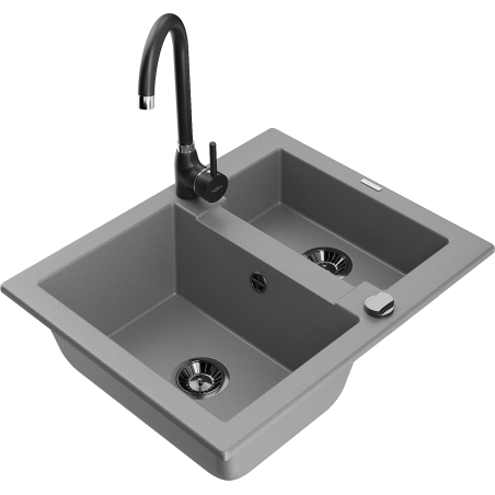 Mexen Carlos 1.5-bowl granite sink with Telma kitchen tap, grey - 6518-71-670200-70-B