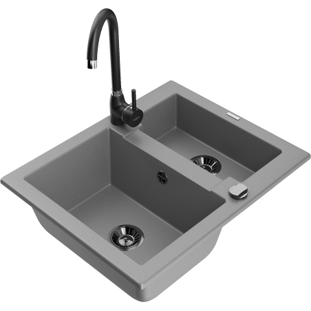 Mexen Carlos granite sink 1.5-bowl with Telma kitchen faucet, gray - 6518-71-670200-70-B
