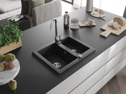 Mexen Carlos granite sink 1.5-bowl with Telma kitchen faucet, black/silver metallic - 6518-73-670200-00