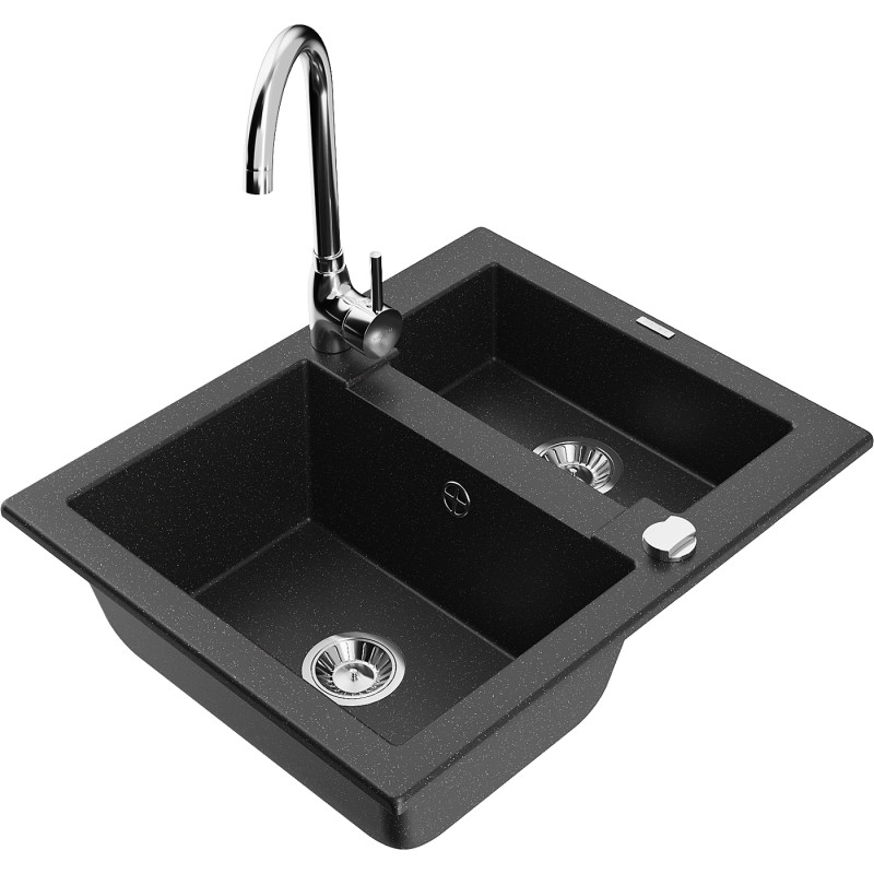 Mexen Carlos 1.5-bowl granite sink with Telma kitchen faucet, black/silver metallic - 6518-73-670200-00
