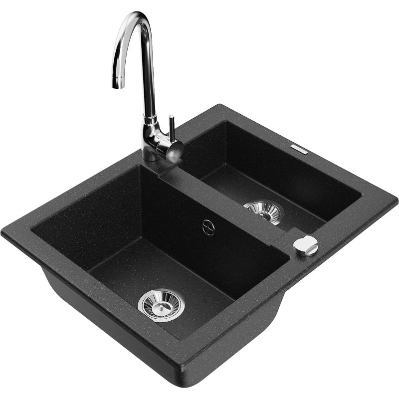Mexen Carlos 1,5-compartment granite sink with a kitchen mixer tap Telma, Black/Silver metallic - 6518-73-670200-00