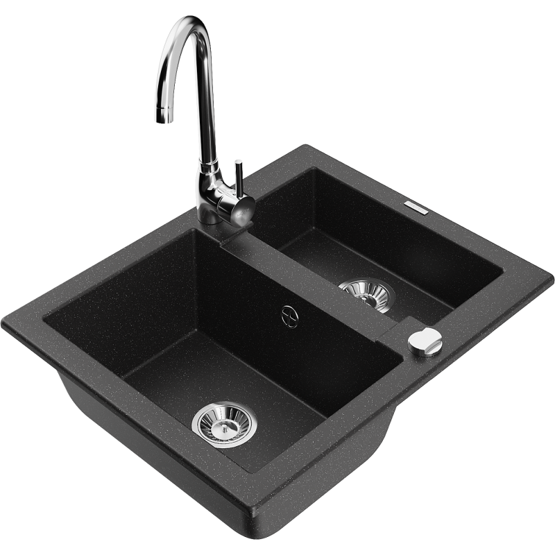 Mexen Carlos Granite Sink 1.5-bowl with Telma Kitchen Tap, Black/Silver Metallic - 6518-73-670200-00