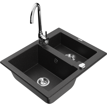 Mexen Carlos 1.5-bowl granite sink with Telma kitchen faucet, black/silver metallic - 6518-73-670200-00