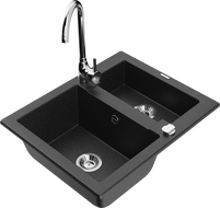 Mexen Carlos Granite Sink 1.5-bowl with Telma Kitchen Tap, Black/Silver Metallic - 6518-73-670200-00