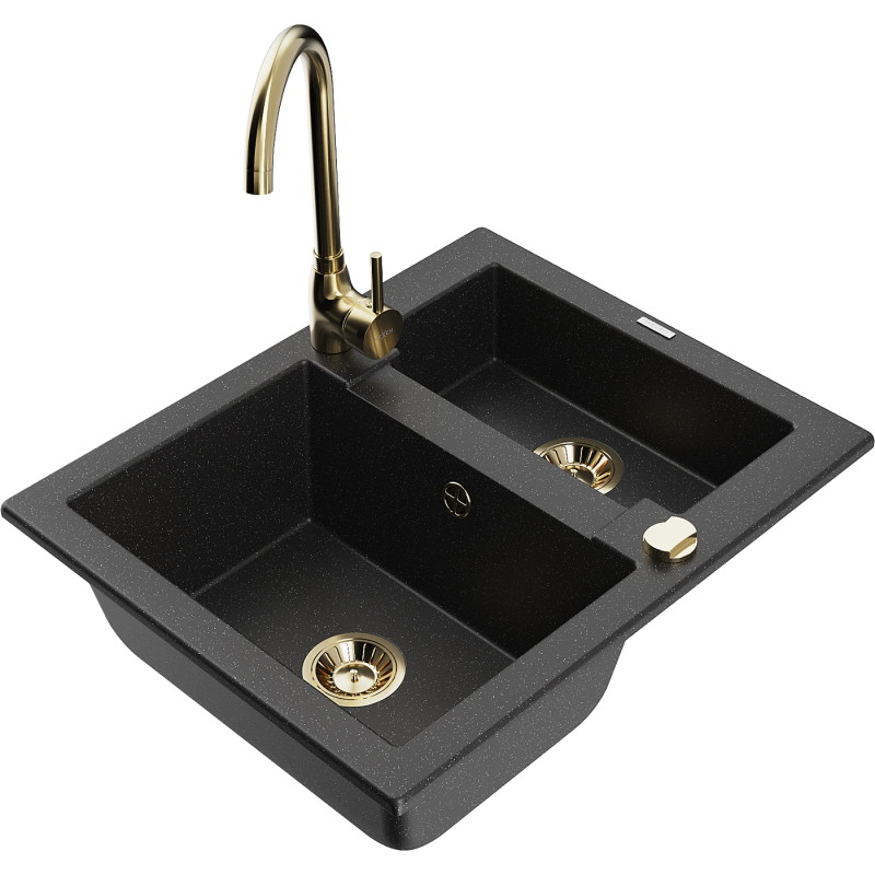 Mexen Carlos granite sink 1.5-bowl with Telma kitchen faucet, black/silver metallic - 6518-73-670200-50