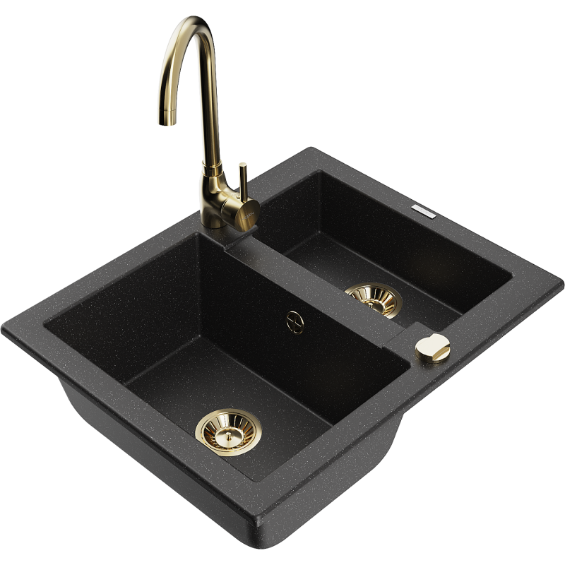 Mexen Carlos granite sink with 1.5 bowls and Telma kitchen tap, black/silver metallic - 6518-73-670200-50