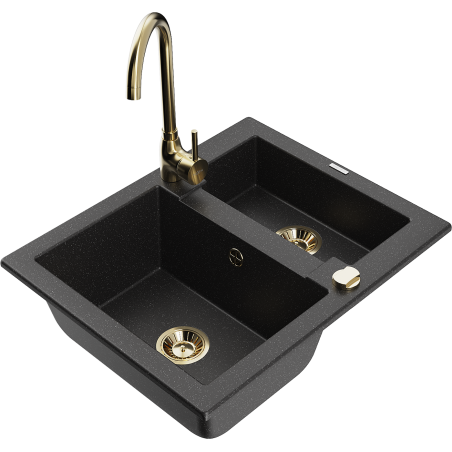 Mexen Carlos 1.5-bowl granite sink with Telma kitchen faucet, black/silver metallic - 6518-73-670200-50