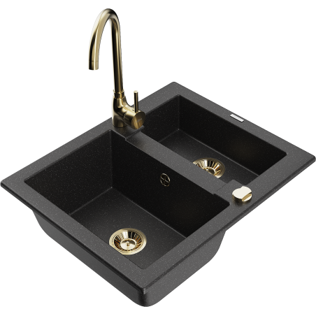 Mexen Carlos granite sink 1.5-bowl with Telma kitchen faucet, black/silver metallic - 6518-73-670200-50