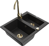 Mexen Carlos 1.5-bowl granite sink with Telma kitchen faucet, black/silver metallic - 6518-73-670200-50