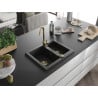 Mexen Carlos granite sink with 1.5 bowls and Telma kitchen tap, black/silver metallic - 6518-73-670200-50