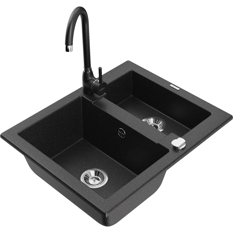 Mexen Carlos 1,5-compartment granite sink with a kitchen mixer tap Telma, Black/Silver metallic - 6518-73-670200-70
